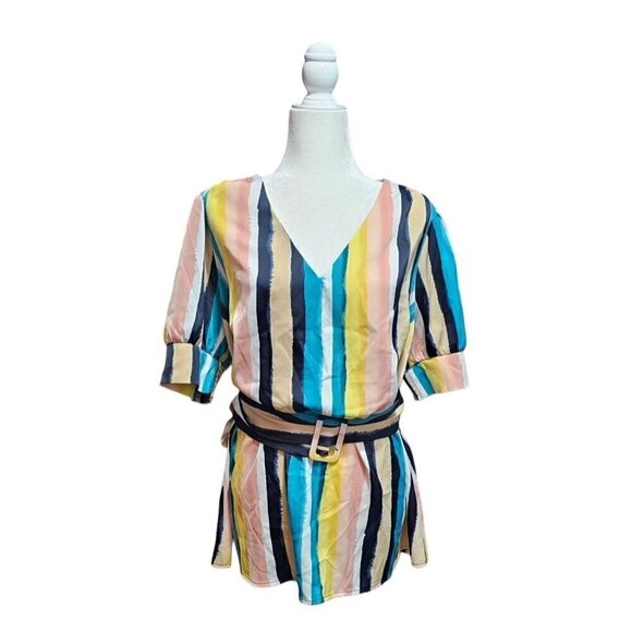 Lane Bryant satin short sleeve multicolor stripped blouse v-neck belt size 16 - Picture 2 of 7